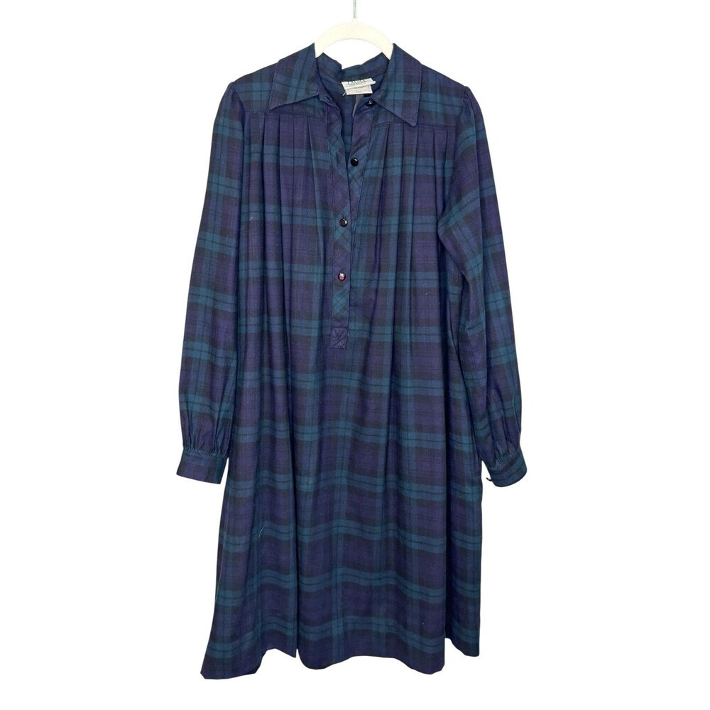 Vintage Laura Ashley Dress Womens Small Blue Plaid Knee Length Flannel